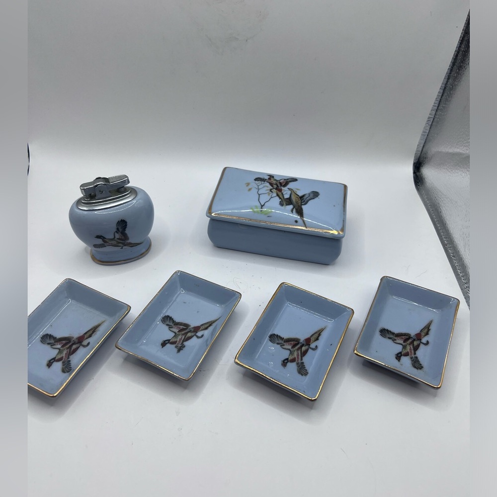 Vintage ATC Retro hand painted smoking set with covered porcelain box and plates